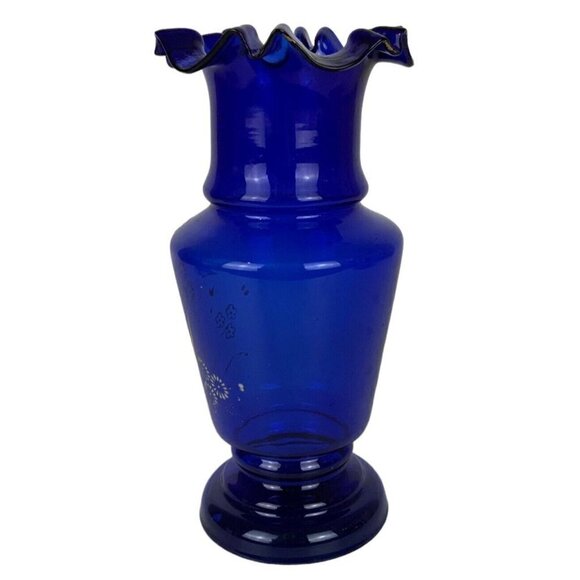 Cobalt Blue Art Glass Vase Hand Painted Flowers Ruffled Edge Vintage - Picture 3 of 7